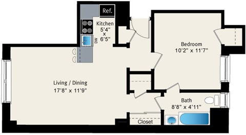 1 bedroom floor plan at Reside at Belmont Harbor